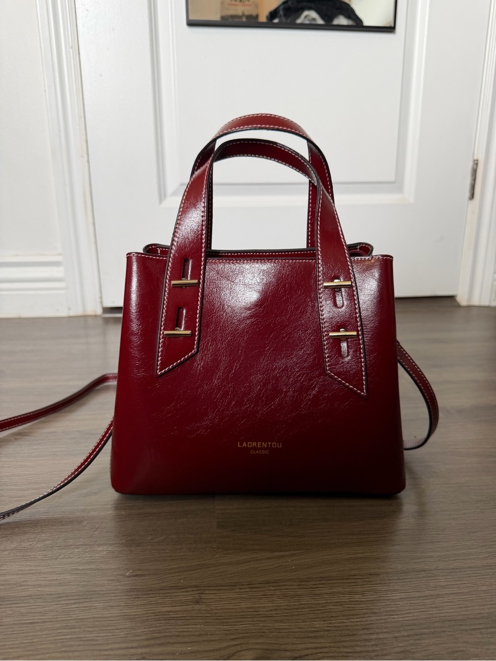 Women’s Small Red Leather Structured Tote with Crossbody Strap